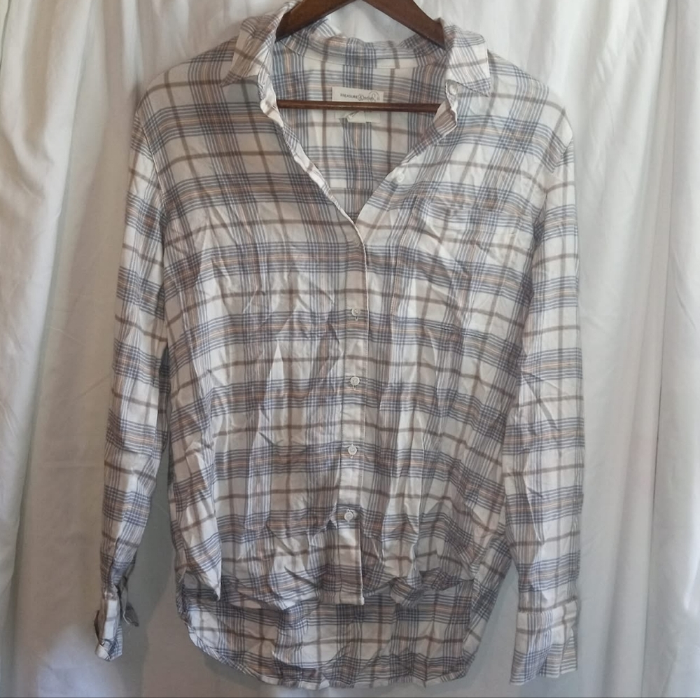 Treasure & Bond White Plaid Button Down Shirt Blue Yellow Soft Pocket Boyfriend